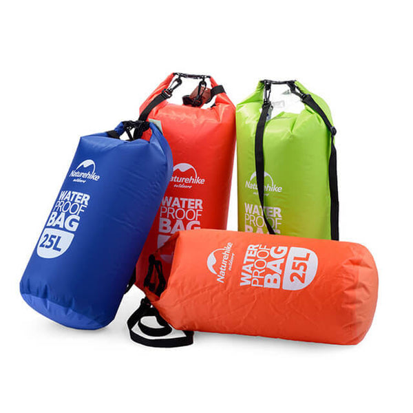 The 4 Colours available for the Naturehike 25L Dry Bag - Red, Green, Blue and Orange.