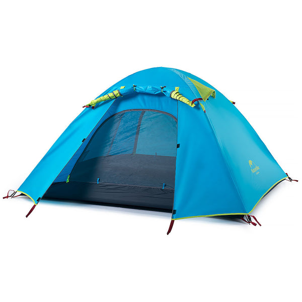 NatureHike 4 Man P Series Dome Tent in sea blue with front door rolled up 